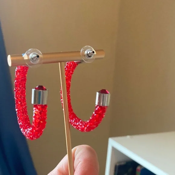 Red Crystal Textured Hoop Earrings - Picture 6 of 9